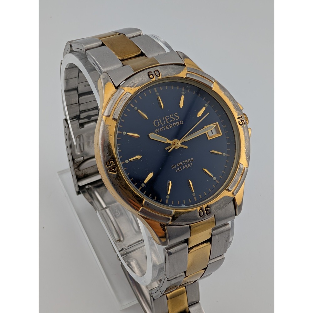 1996 Guess Waterpro Watch Mens 38mm Blue Dial 7.25" Two Tone Band- New Battery